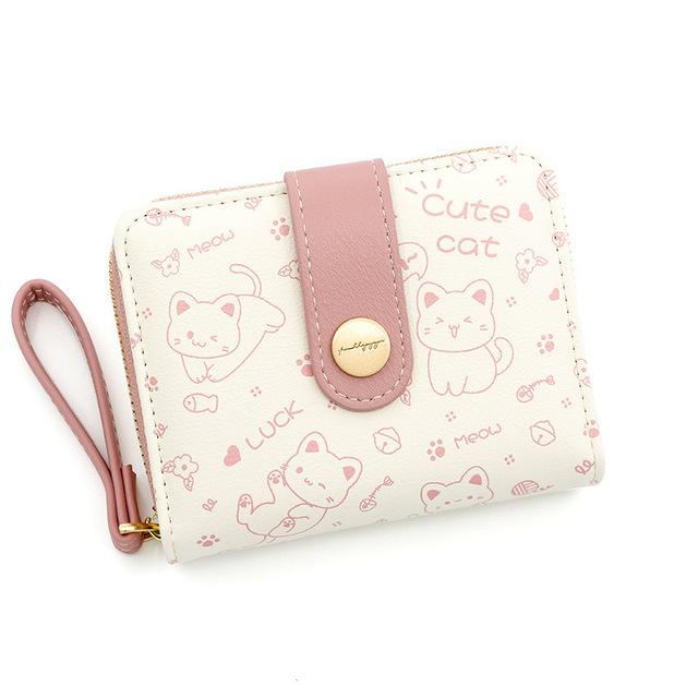 Cute Cat Girls Wallet Short Student Id/Bank Card Holder Money Bag Zipper Wallets For Women Key Storage Purse