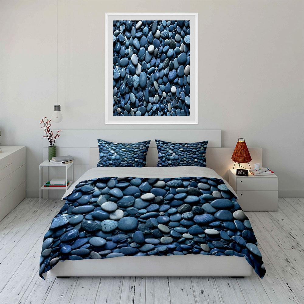 Blue Pebble Stone Texture Bedding Set 3pcs Natural Seaside Rock Print Duvet Cover Minimalist Calming Bed Linen for Bedroom