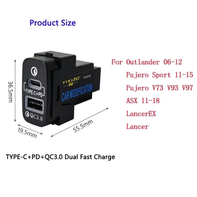1PC Quick Charge Car Charger TYPE-C PD USB Interface Socket Use For Mitsubishi Outlander LancerEX Pajero Sport ASX V73 V93 V97