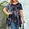 Large Size Fashion Tie-dye V-neck Hem Irregular Short Sleeved Blouse Loose O Neck Floral Top Summer Casual Office Sweet Tops Women's Clothing