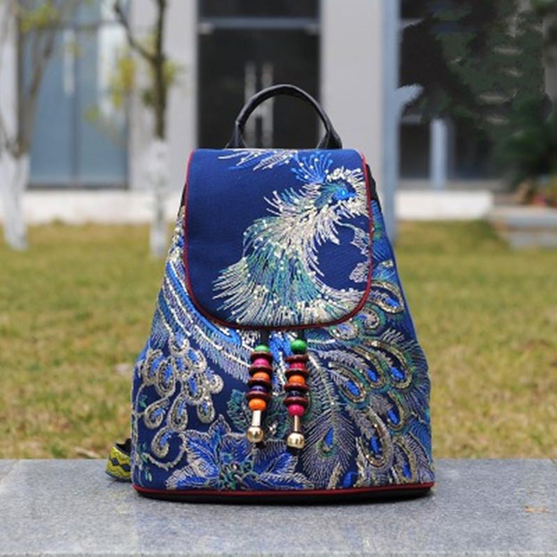 Peacock Sequins Embroidered Women's Canvas Backpacks Ladies Floral Rucksacks Woman Small School Back Bag Bagpack 2025 Gift New