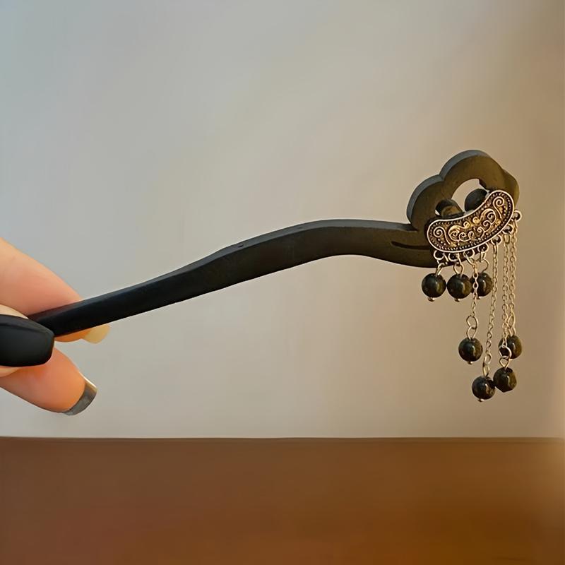 Vintage Tassel Ancient Style Ebony Hairpin Women Temperament Elegant Coiled Hairpin Chinese Hanfu Accessories