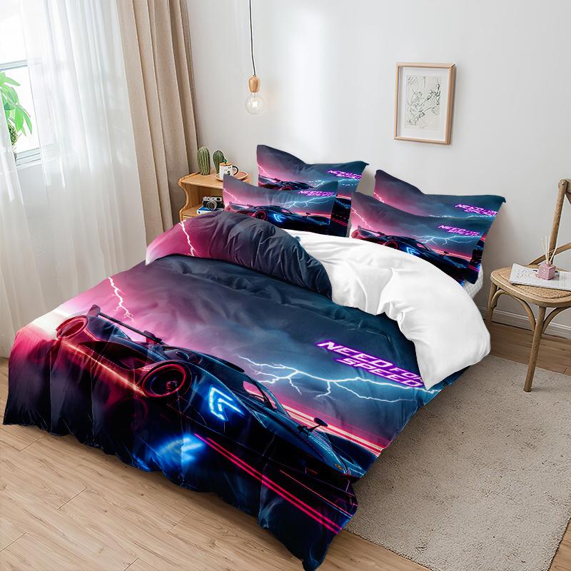 3Pcs Art Style 3D Laser Car Pattern Duvet Cover Set (1 * Duvet Cover + 2 * Pillowcases Core Not Included) Laser Car Printed