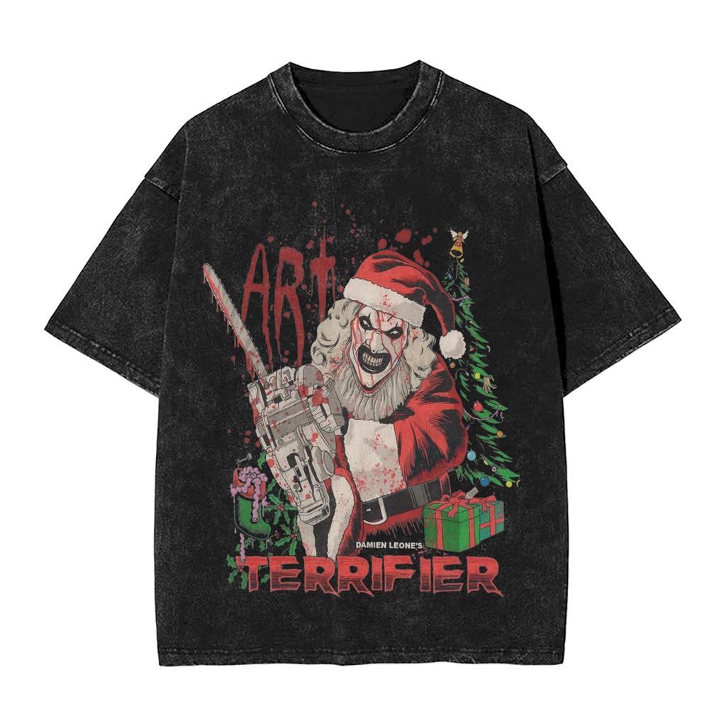 Art The Clown Terrifier Christmas T Shirt Washed Cotton T-Shirts Vintage for Men Women Streetwear Graphic Printed Tee Shirt
