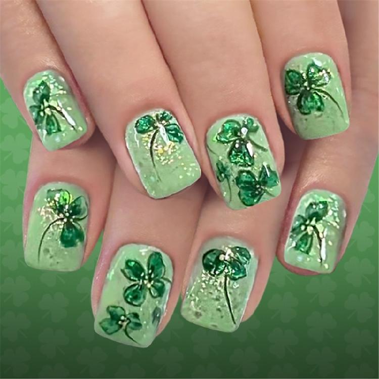 

Festive Green Four Leaf Short Square Artificial Nail for Patrick s Day Quick Install Fake Nail Comfortable Wear 1