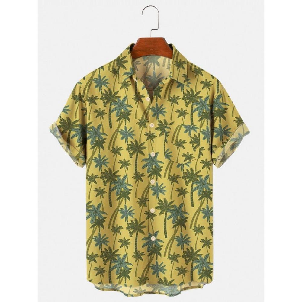 Camicia da uomo hawaiana a maniche corte con stampa, top alla moda con colletto, albero di cocco da spiaggia, nuova per il 2026 per uomo, abbigliamento floreale