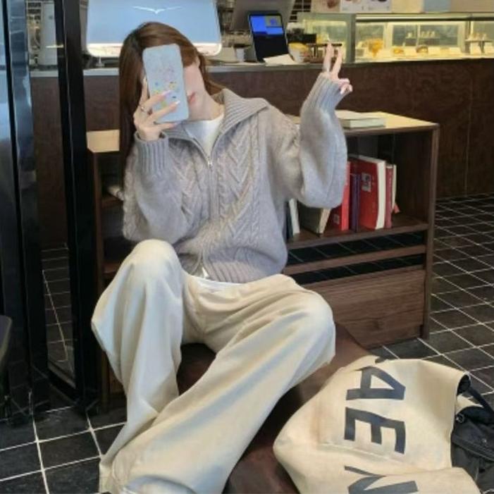 Autumn Winter Women Zipper Knitted Cardigan Casual Loose Solid Thicken Sweater Korean Long Sleeve Gray Short Coats Tops Sweaters