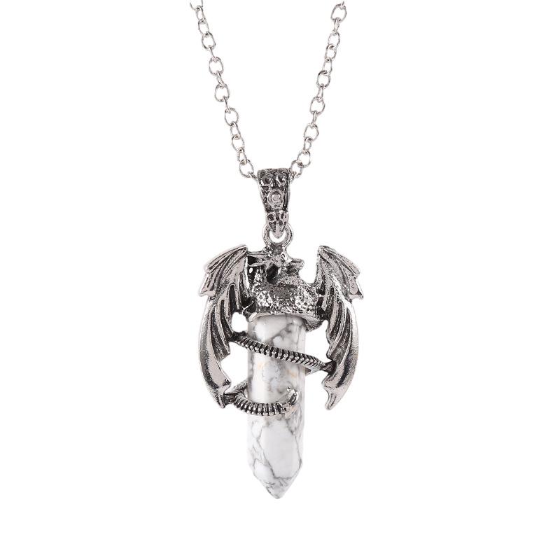 Vintage Flying Dragon Pendant Necklace with Amethyst, Rose Quartz, and Tiger Eye Gems