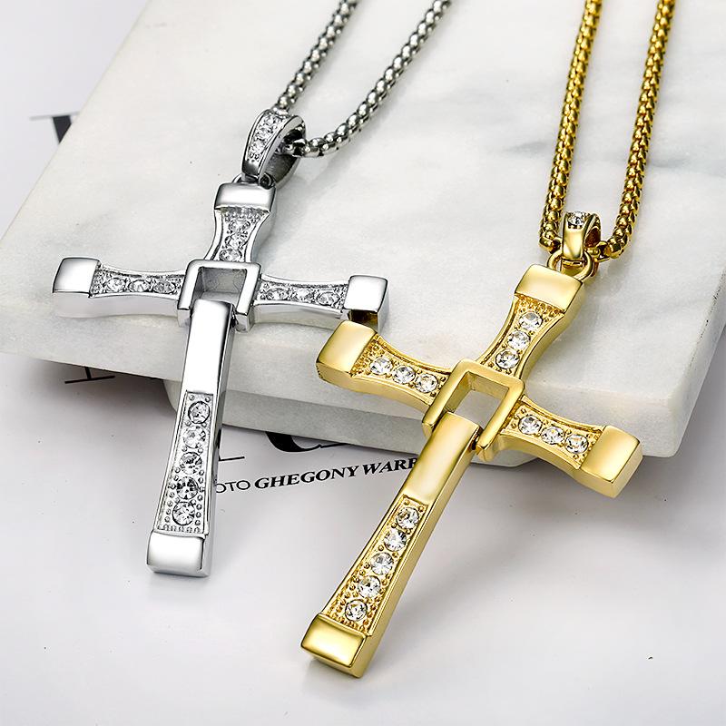 316L Stainless Steel Fast and Furious Movies Actor Dominic Toretto Rhinestone Cross Crystal Pendant Chain Necklace Men Jewelry