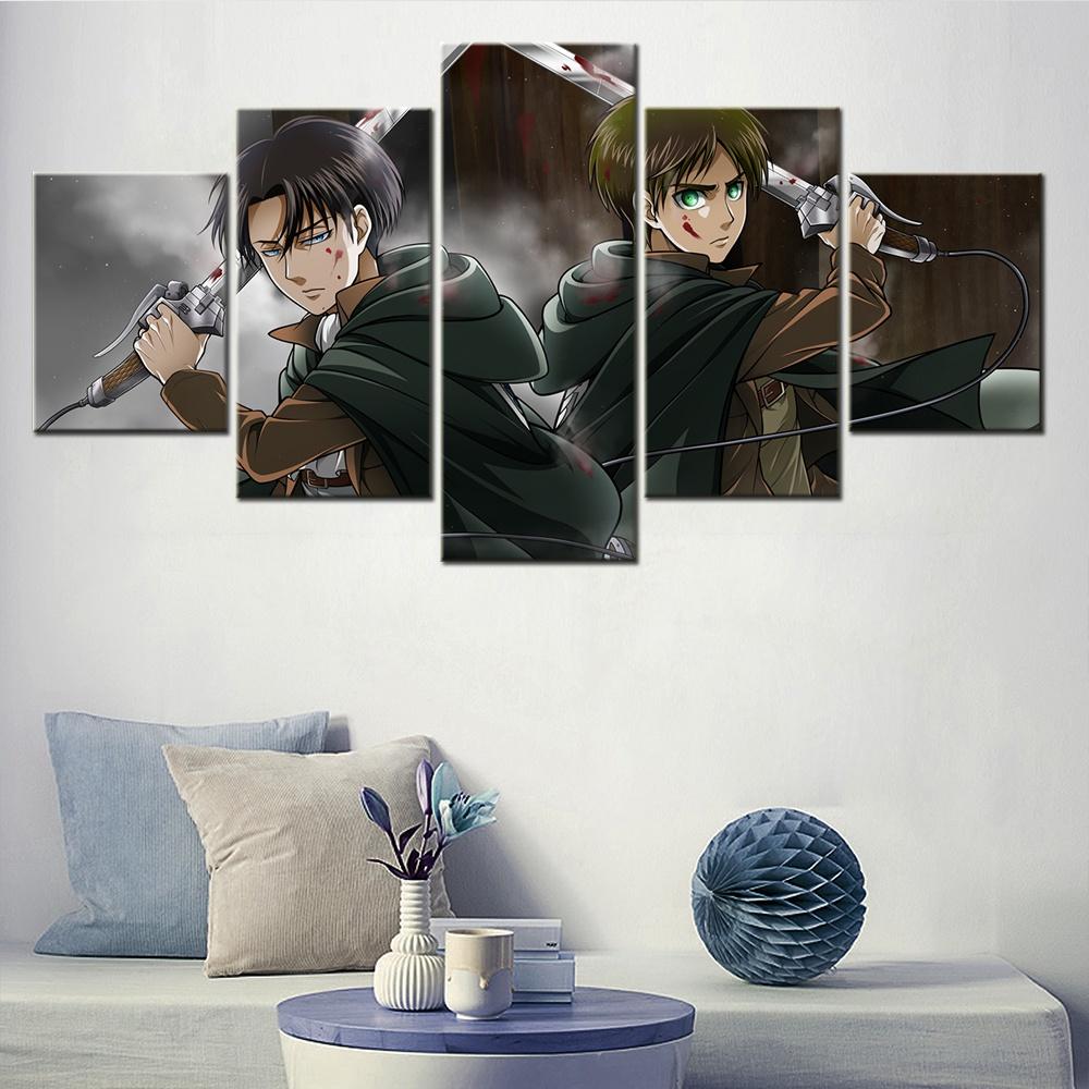 5 Pieces Canvas Wall Arts Anime Poster Painting Eren Yeager Modular Home Decor Picture Print For Living Room Artwork Framework