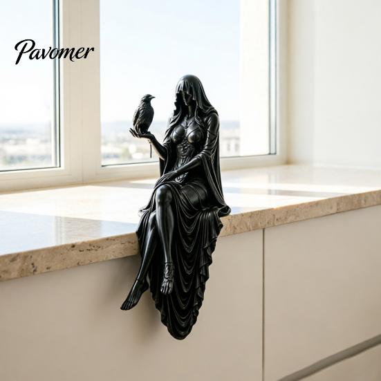 Durable Decorative Statue 3D Printed/Resin Hooded Lady Bookshelf Figure, Gothic Sitting Sculpture, Retro Style Ornament Mystery Cloak Goddess for Home