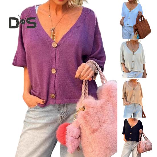 Damen-Oberteile, V-Ausschnitt, halbe Ärmel, Knopfleiste, Hemdoberteile, lockere Passform, einfarbig, lässiges Strickoberteil für den Sommer