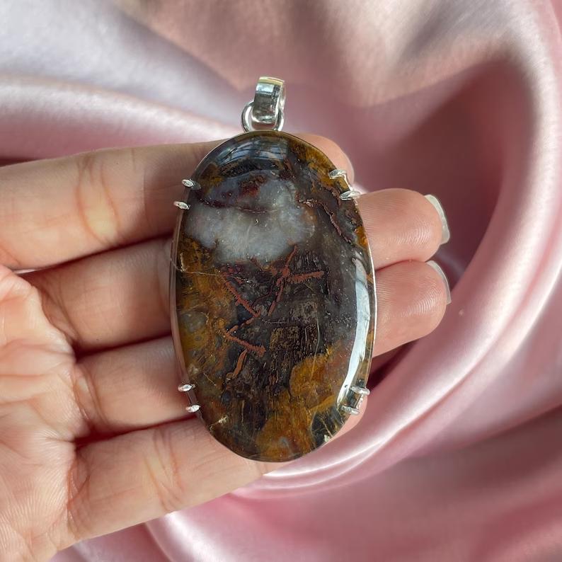 Moosachat Anhänger mit Silberkette Halskette 925 Sterling Silber Anhänger