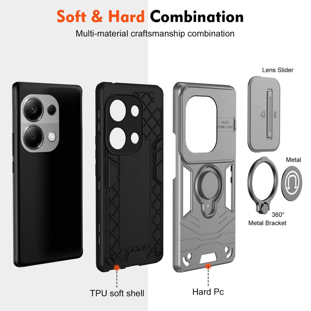 Sliding Window Metal Finger Card Holder Protective Case for Xiaomi Redmi Note 13 Pro 12 Pro + 11 11S 10 Pro 9 9S Bracket Protection Cover