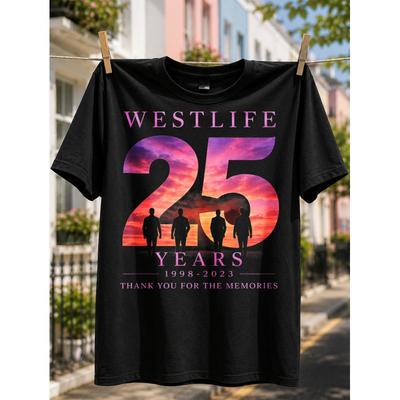Vyriški marškinėliai, laisvalaikio stilius, Westlife 25 metų jubiliejinis dizainas su saulėlydžio siluetais 1998-2023 'Ačiū už prisiminimus' grafinis spaudinys,