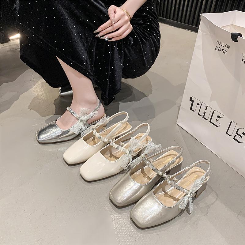 Premium Thick High Heel Silver Single Summer New with Skirt Mary Jane Shoes Are Not Tired of Feet Bag Head Sandals Women