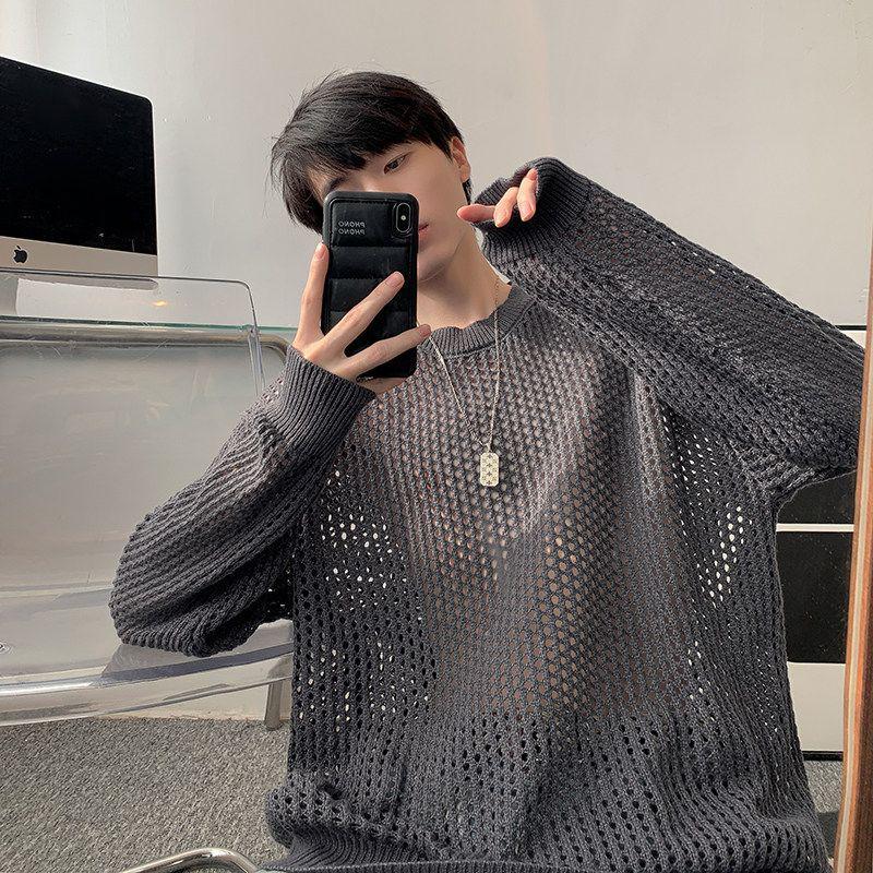 Herren Sommer Dünnes Karomuster T-Shirt: Trendiger Hong Kong Stil, Lochstrick, Langarm, Rundhals Überwurf