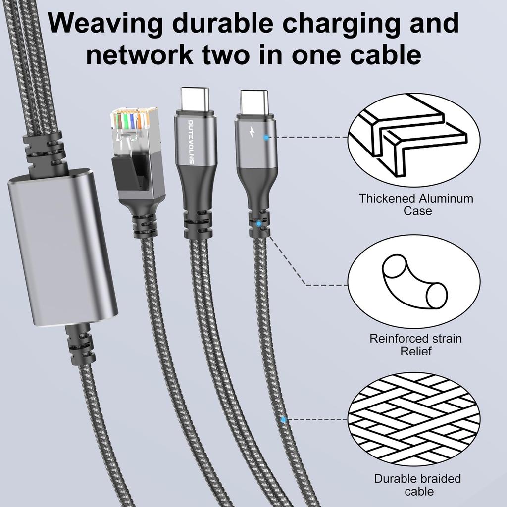 Dutevolns 3m USB C to Ethernet Cable with Male 100W PD Fast Charging and Gigabit LAN Type C to RJ45 Nylon Cable with Power Transmission Port Adjacent