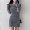 Korean chic autumn and winter small man sexy off-the-shoulder suspender lapel slim ribbed knitted dress hip-wrapped short skirt