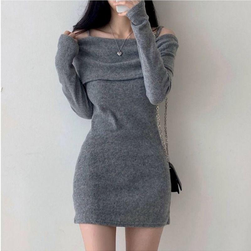 Korean chic autumn and winter small man sexy off-the-shoulder suspender lapel slim ribbed knitted dress hip-wrapped short skirt