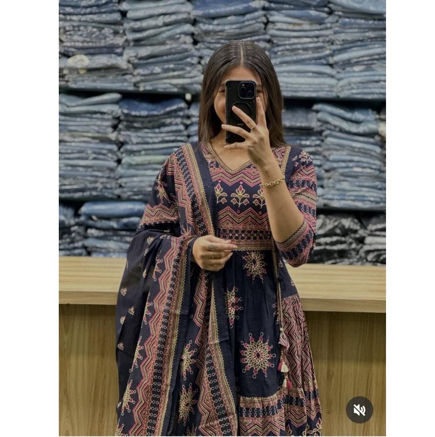 Women Bollywood Printed Cotton Anarkali Kurta Pant Dupatta Set Indian Designer Top Tunic Salwar Suit