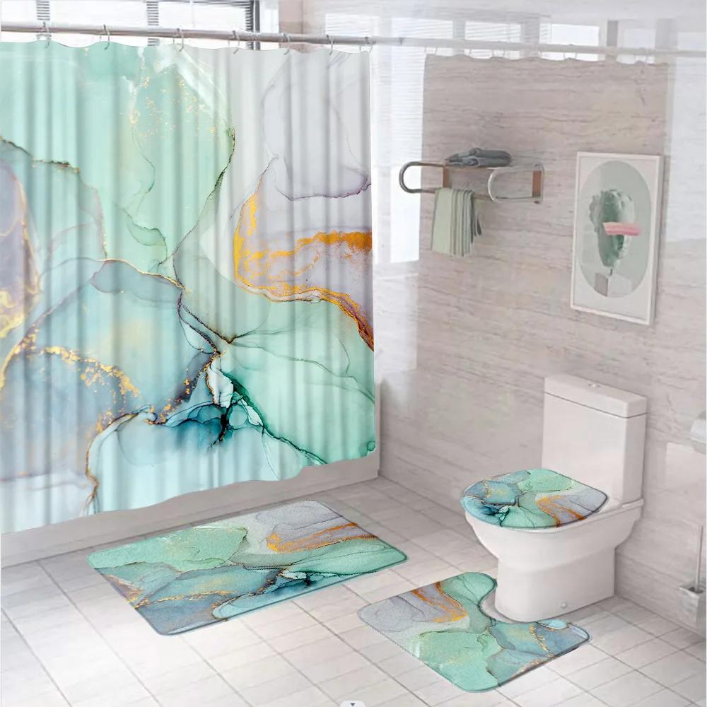 Marbling 3D Shower Curtains Luxury Marble Blue Golden Veins Bath Mats Set Pedestal Rug Toilet Cover Bathroom Curtain With Hooks