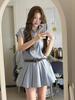 Academy style blue striped shirt dress children waist thin temperament design sense niche pleated short skirt summer