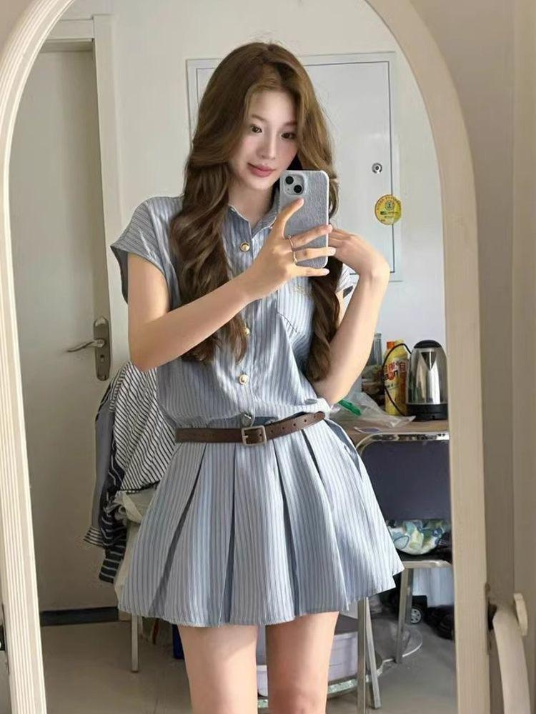 Academy style blue striped shirt dress children waist thin temperament design sense niche pleated short skirt summer