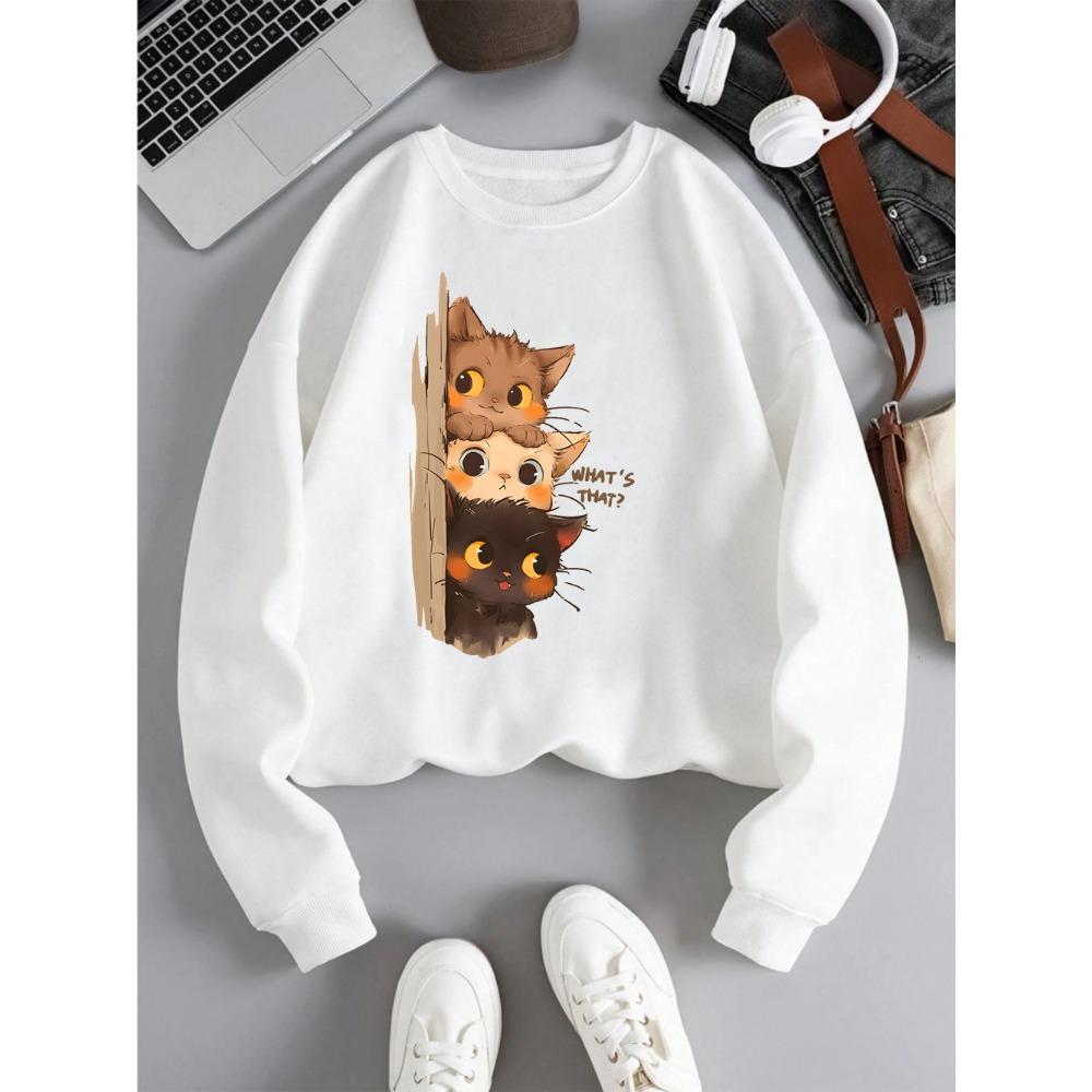 Three Little Cats Are Secretly Watching You Print Hoodie Women Street Loose Sweatshirt Basics Sporty Winter Clothes