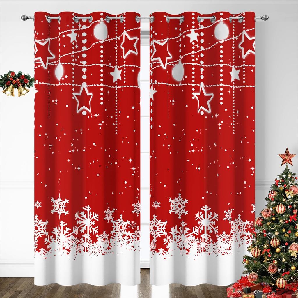 Christmas Curtain Living Room Panel Set Xmas Window Curtains Sparkle Reindeer Snowflake Print Decor Made Of Polyester Sitting