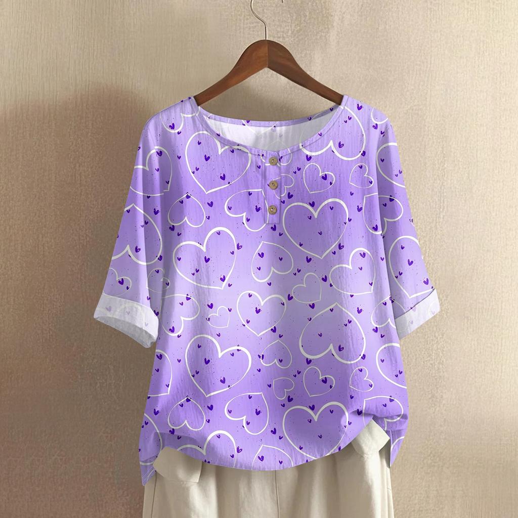 Damska Casualowa Bluzka z Krótkim Rękawem, Okrągłym Dekoltem i Nadrukiem Walentynkowym, Mieszanka Bawełny i Lnu