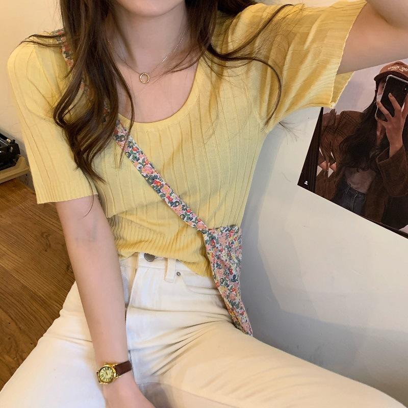 French Waist Top Summer Women's New U Neck Thin Ice Silk Knit Short Sleeve T-shirt Square Neck Short Shirt