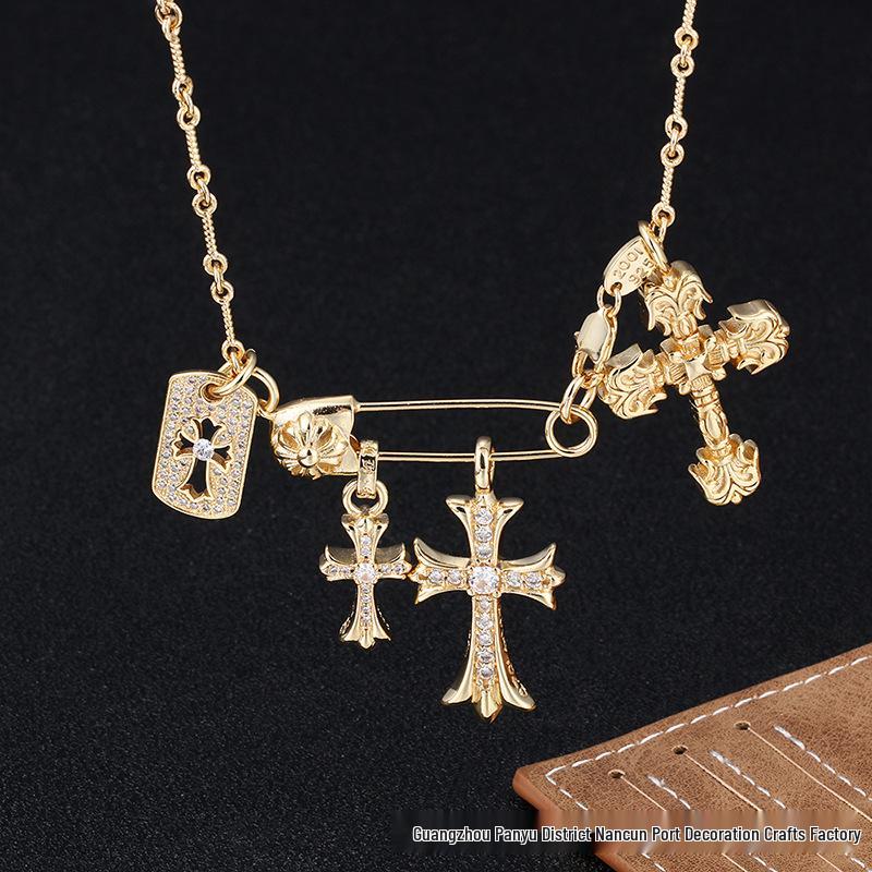 High-End Rhinestone Double Cross Pendant Necklace with CH Chrome Hearts Design