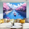 1pc Tranquil Blue River Tapestry with Boat and Pink Cherry Blossoms-polyester, Elegant Style for Living Room, Bedroom Decoration