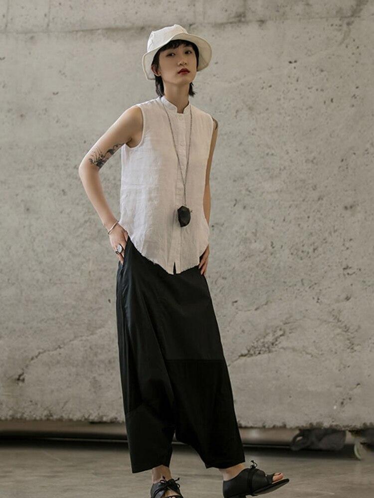 Xitao Bluză fără mâneci pentru femei, subțire, cu guler de in, WLD2034