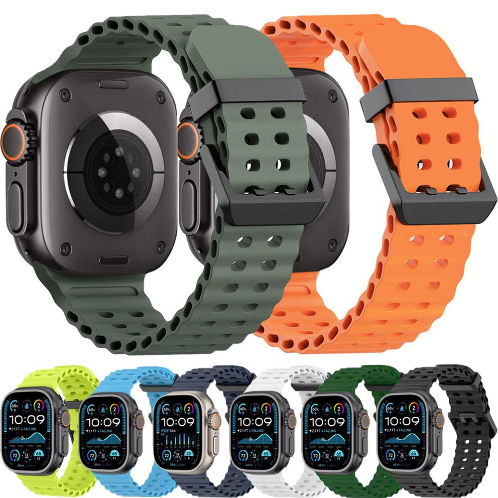 Ocean Silicone+Metal Buckle Strap For Apple Watch Band Ultra 3/2 49mm Sport Bracelet iWatch 11 10 9 8 7 6 SE 46mm 45mm 44mm Belt