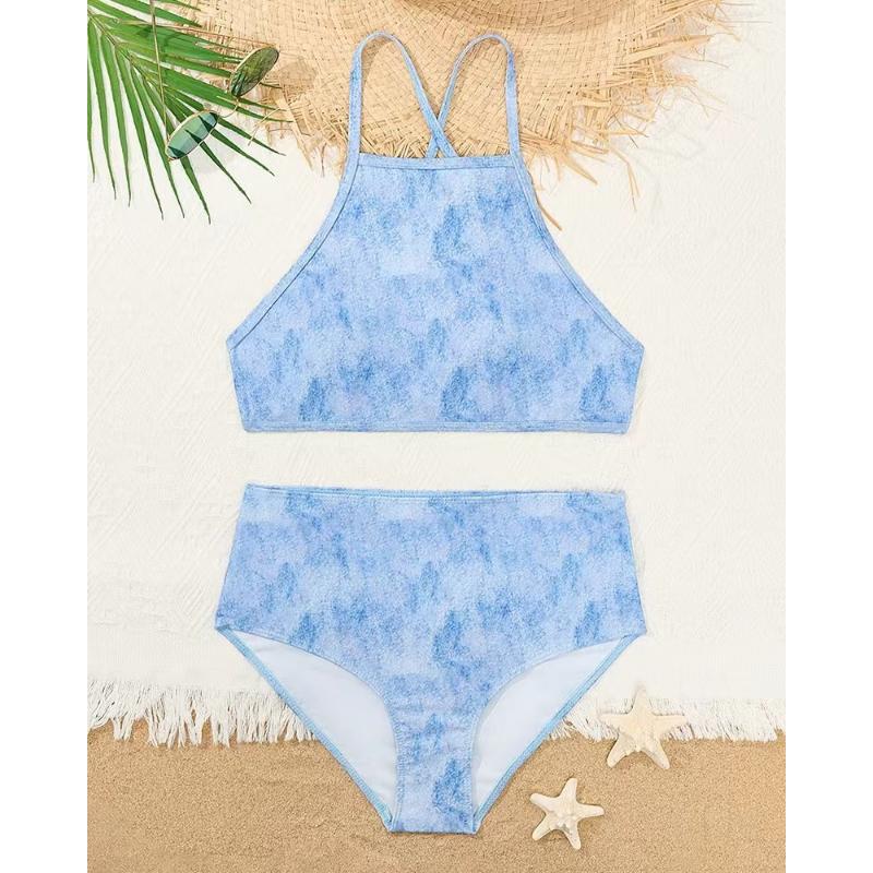 Damski Zestaw Bikini Tie Dye z Nadrukiem Czaszki Top Krótki na Szyję z Wiązaniem Krzyżowym Figi z Wysokim Stanem Gotycki Punkowy Letni Strój Kąpielowy na Plaży L niebieski