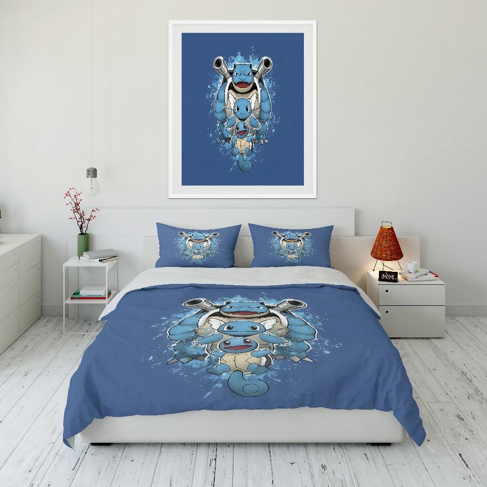 Gift for Anime Fans Pokemon Squirtle Printed Bedding Set 3PC Duvet Cover Adult Kids Gift Full Size Bedding Set Home Bed Decor