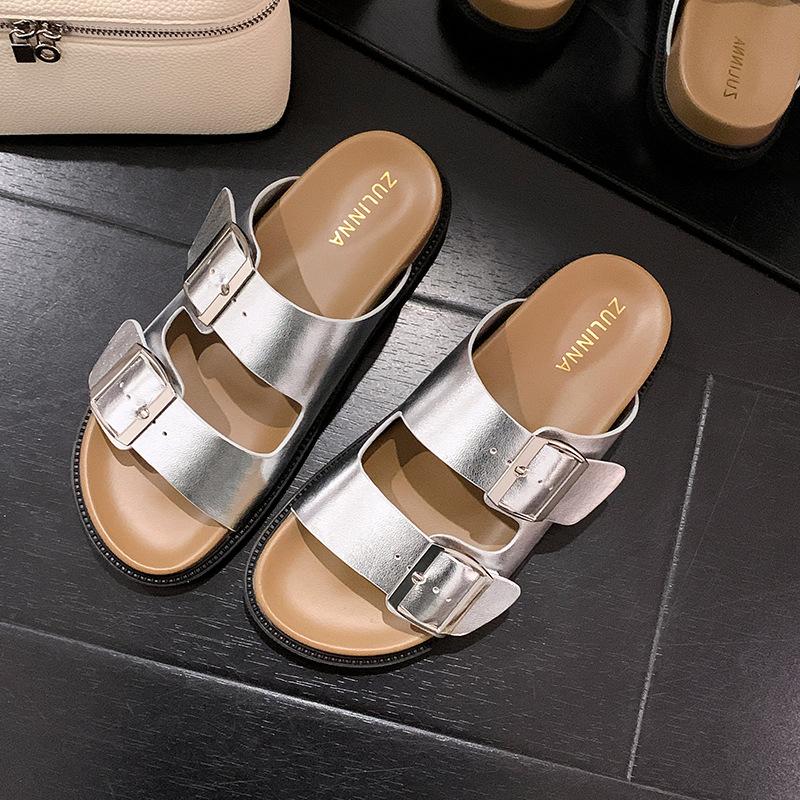 New thick-soled slippers women's round head with square buckle versatile casual beach comfortable cool slippers