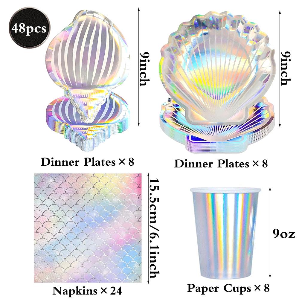 Holographic Mermaid Party Decorations Iridescent Under The Sea Girls Birthday Shell Tableware Plates Cups Tablecloth Baby Shower