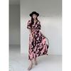 New dress women's short-sleeved round neck ruffle edge printed big swing dress, waist dress temperament fairy