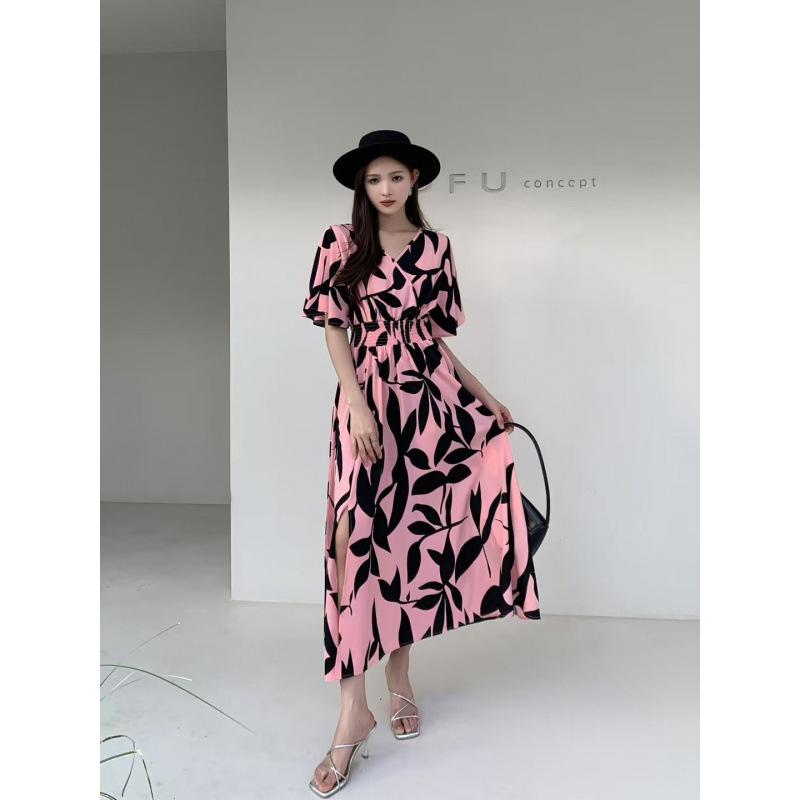 New dress women's short-sleeved round neck ruffle edge printed big swing dress, waist dress temperament fairy