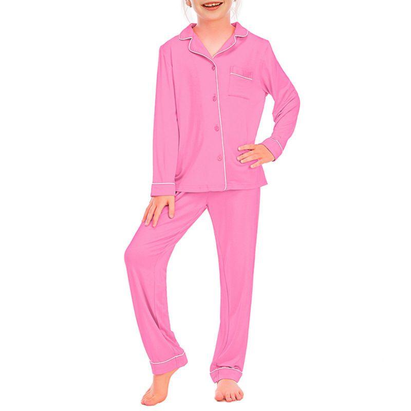 5-14 let Dětský Dívčí Pyžamový Set Dlouhý Rukáv Knoflíkový Top a Kalhoty Domácí Oblečení