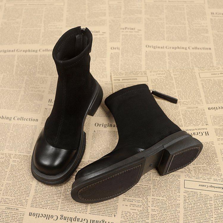 Korean Version of Retro Style Boots for Women with Long Legs, Zipper and Thin Boots, Velvet Cotton Boots, Thick-soled Small Short Boots.