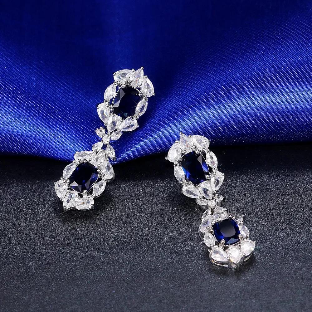 Royal Blue Zircon Oval Earrings Fashionable High-End Design Accessories for Banquets Personalized Simple Zircon