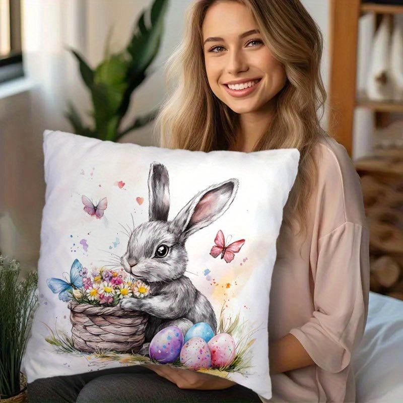 Мягкая разноцветная пасхальная зайка с наволочкой с цветочным рисунком и пасхальным яйцом 40x40cm/16x16inch