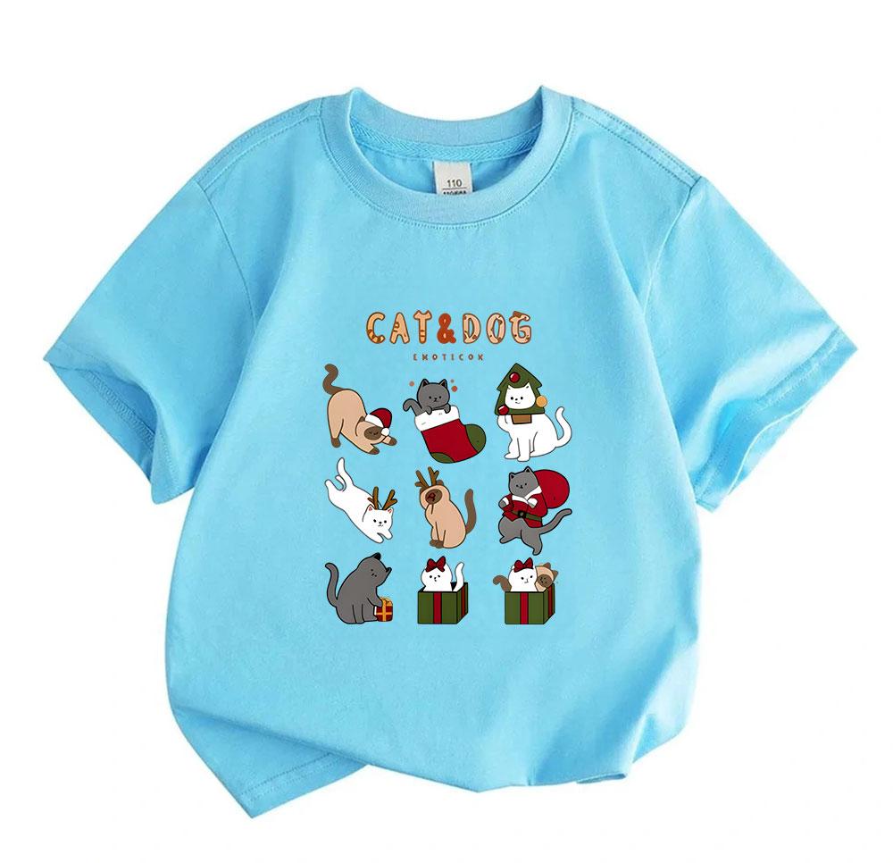 Kids Boys Girls 100% Cotton Crew Neck Short Sleeve T-Shirt, Cute Christmas Cats Collection Print Casual Soft Holiday Cartoon Tee for Children