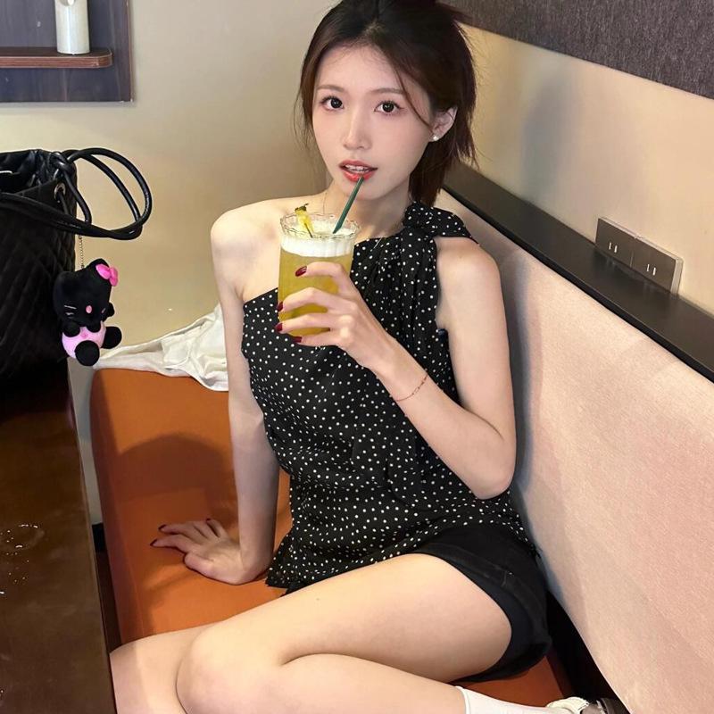 Women's Black Polka Dot Off-Shoulder Sleeveless Top - Chic, Stylish, and Perfect for Summer