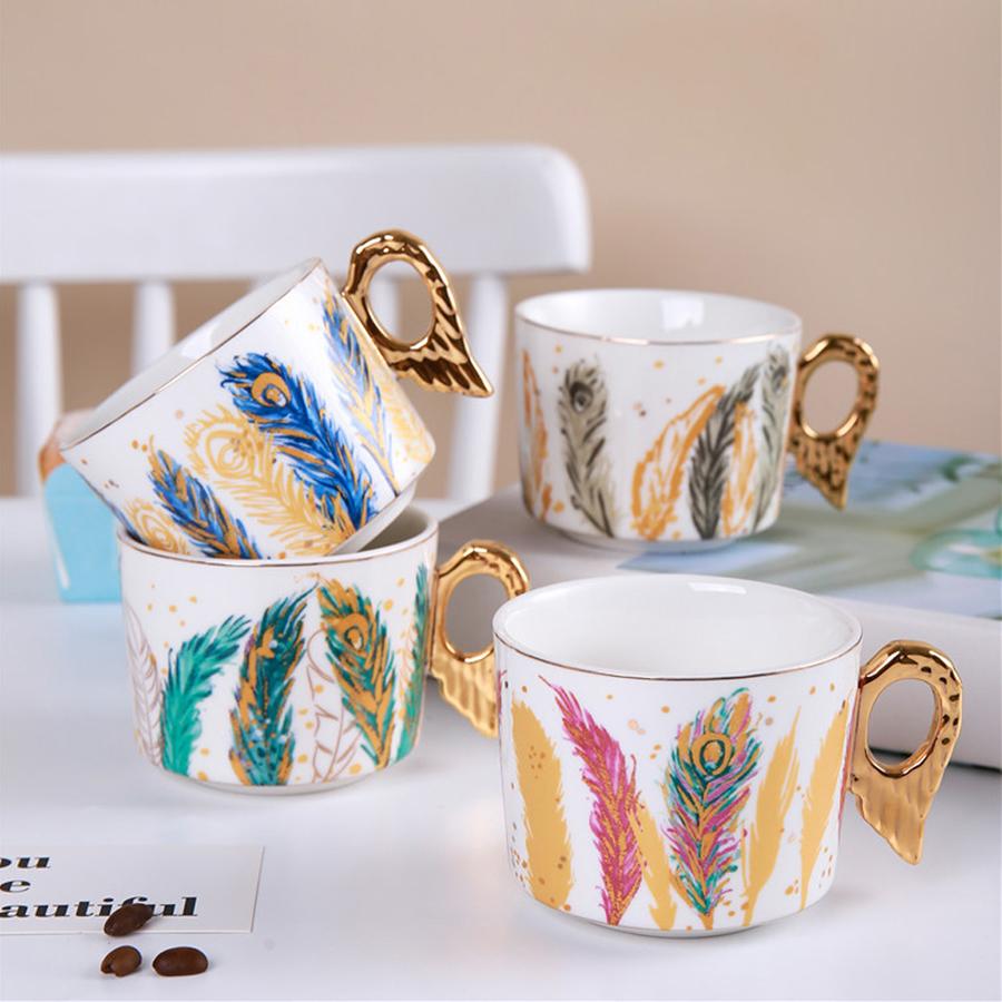 Personality European Lovely Feather Pattern Style Coffee Mugs Ceramic Home Office Milk Water Tea Cup + Saucer Plate Dish Set