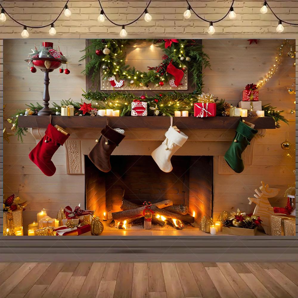 Christmas Photography Backdrop Xmas Tree Christmas Stocking Fireplace Background Banner Family Christmas Party Decoration Gifts3572